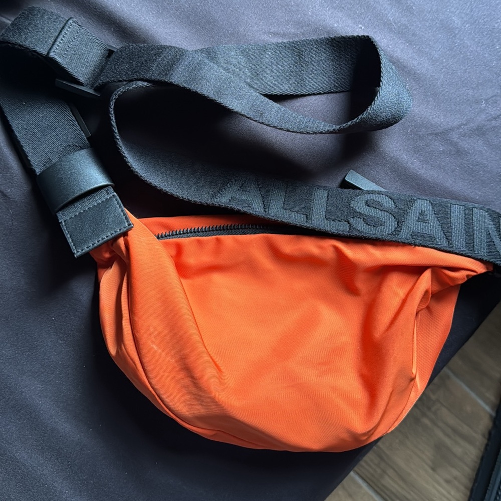 All Saints Orange and Black Crossbody Belt Bag with Logo Strap